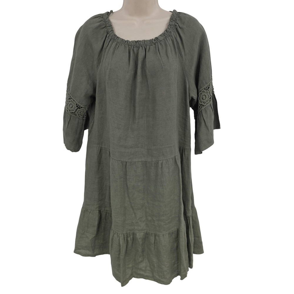Terzo Millennio Linen Dress Women M Green Boho Crochet Tiered Italy Lagenlook